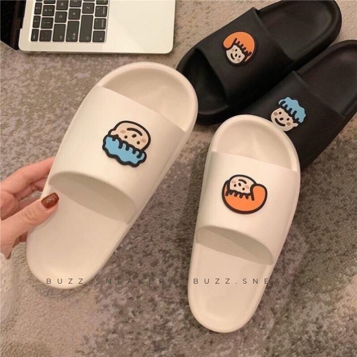 Dép bánh mì chibi [Buzz.sneaker] Dép quai ngang hình chibi tóc xù, 3 màu đen, hồng, kem, cực êm chân, chống trơn trượt