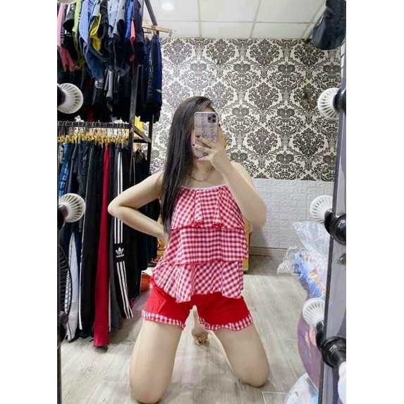 Đồ Bộ Nữ 2 dây , Đồ Lụa Mặc Nhà 3 Tầng , Set Bộ Sọc Chất Cao Cấp Họa Tiết caro Mềm Mịn, Xinh Xắn.