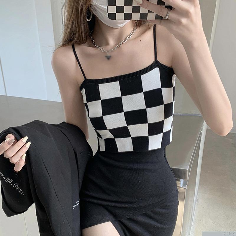 Áo croptop hai dây họa tiết sọc caro thời trang dành cho nữ