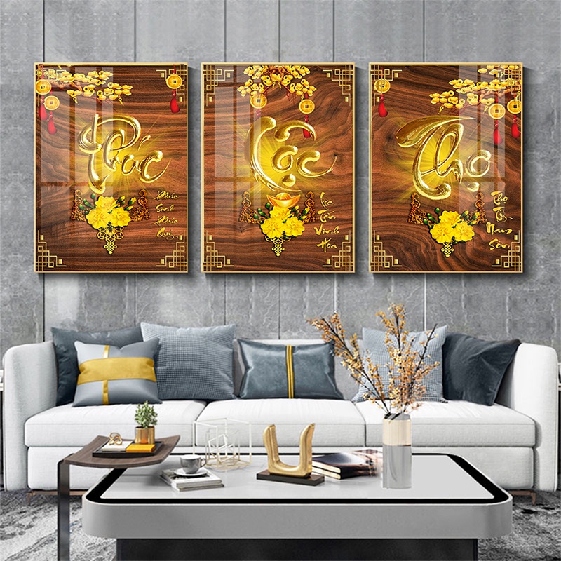 Set bộ 3 tranh phúc lộc thọ tráng gương CHẤT LƯỢNG CAO tranh treo tường phòng khách bán chạy nhất