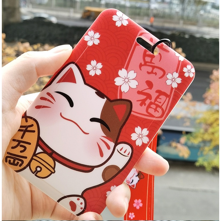 Case mèo may mắn, mèo thần tài đựng card, thẻ ATM, thẻ nhân viên, CCCD kèm móc khóa, dây đeo thẻ