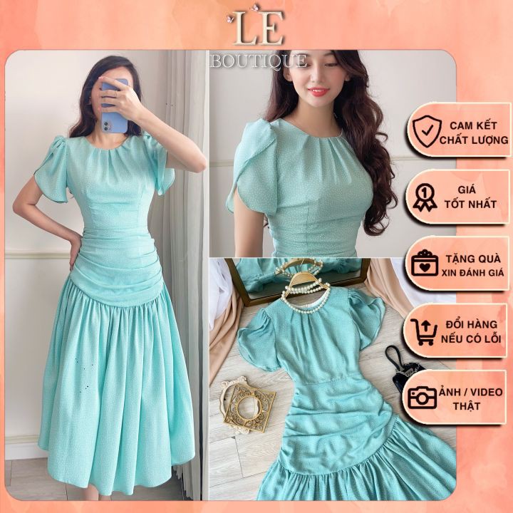 Đầm Cổ Tròn Chấm bi Maxi Dài xòe Bánh bèo, Đi làm đi chơi, du lịch, Trắng, Xanh