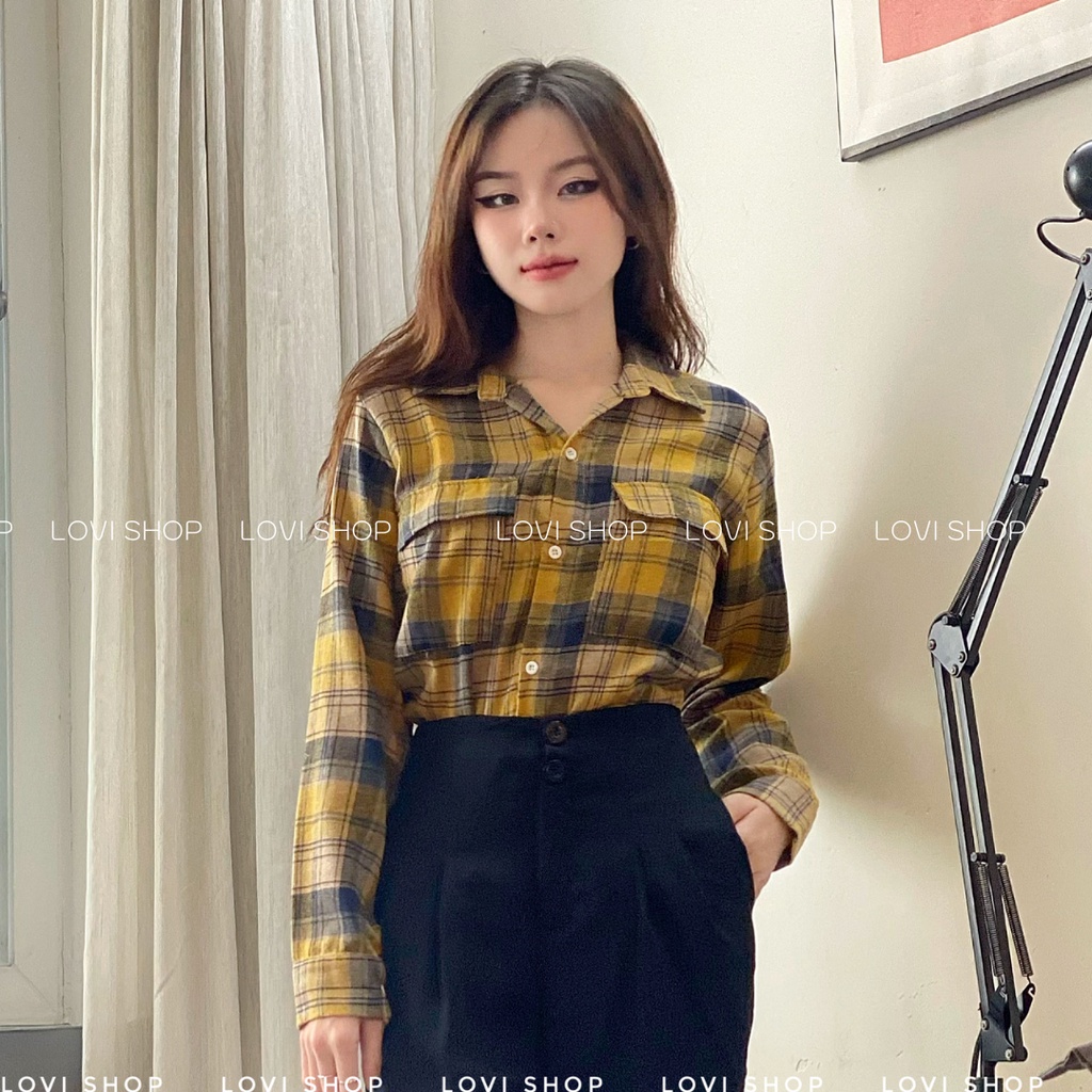 LOVI SHOP- Áo sơ mi kẻ ô caro tay dài 2 túi nắp