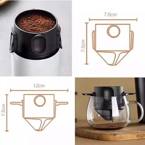 Set 2 bộ lọc cà phê bằng thép không gỉ 304, bộ lọc cà phê hai lớp lọc mịn không cần giấy lọc có tay cầm có thể gập lại