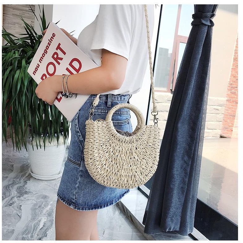 Túi cói Vintage kiểu Bán nguyệt cầm tay và dây đeo cỡ vừa - Medium size