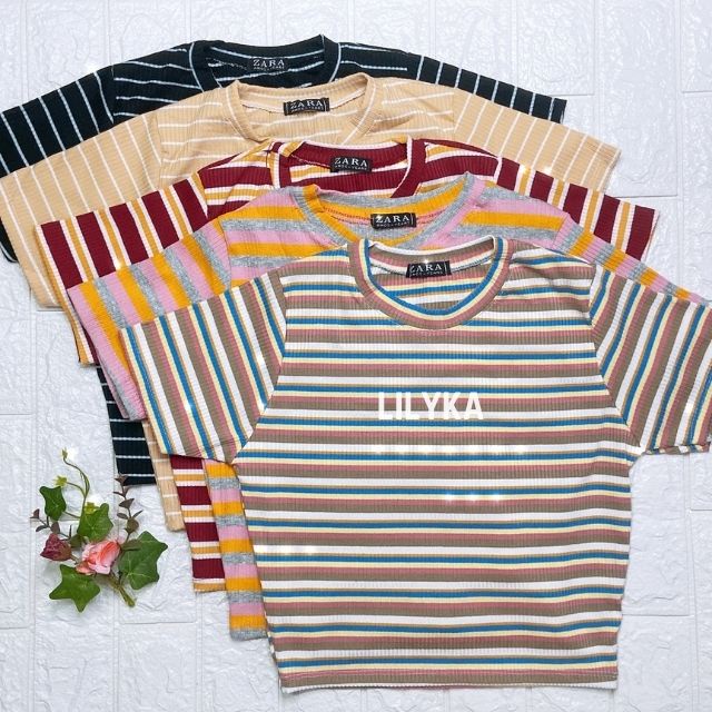 Áo thun nữ sọc kẻ ngang cổ tròn dáng ôm tay ngắn croptop vải thun gân co giãn thoải mái Lilyka AC05
