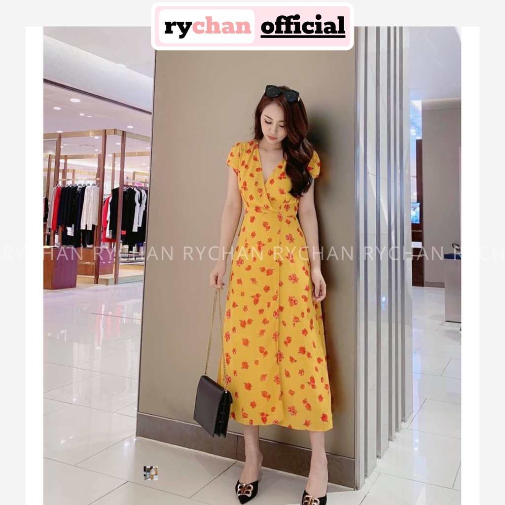Đầm Đi Biển Maxi Vàng Đắp Chéo Hoa Đỏ Xẻ Tà - DM729