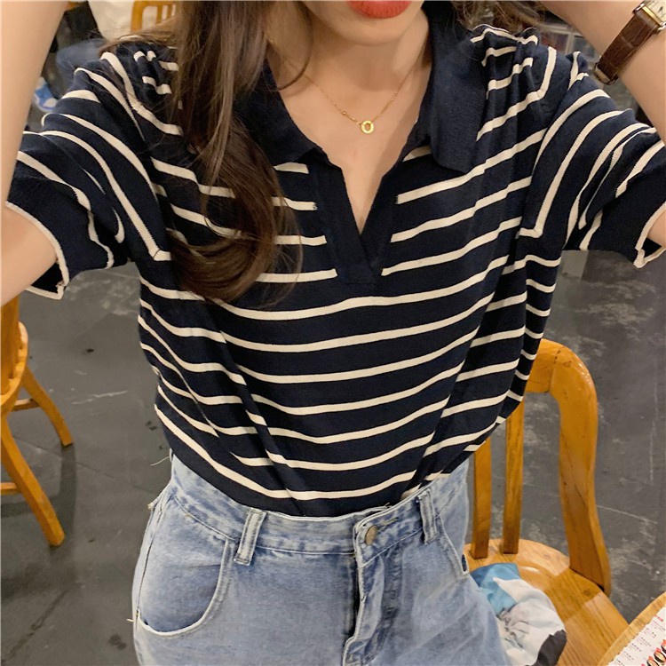 áo polo Tay Ngắn Họa Tiết Kẻ Sọc Thiết Kế Mới Thời Trang Mùa Hè Dành Cho Nữ | BigBuy360 - bigbuy360.vn