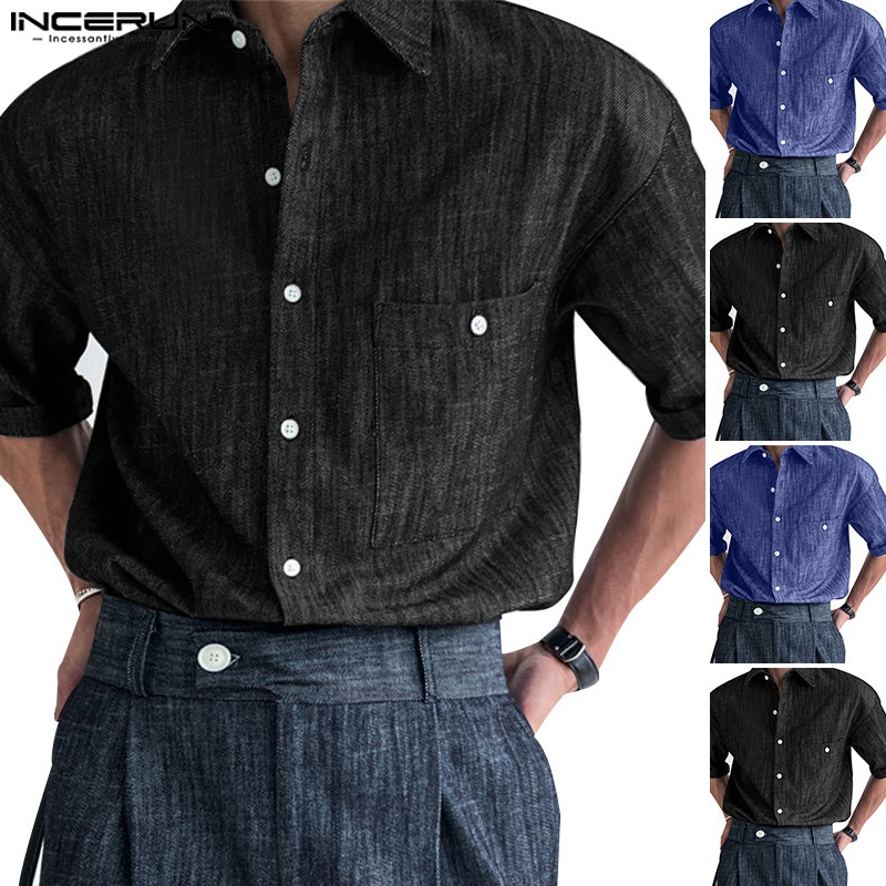 Áo sơ mi INCERUN denim tay ngắn phối nút cài trẻ trung thời trang dành cho nam