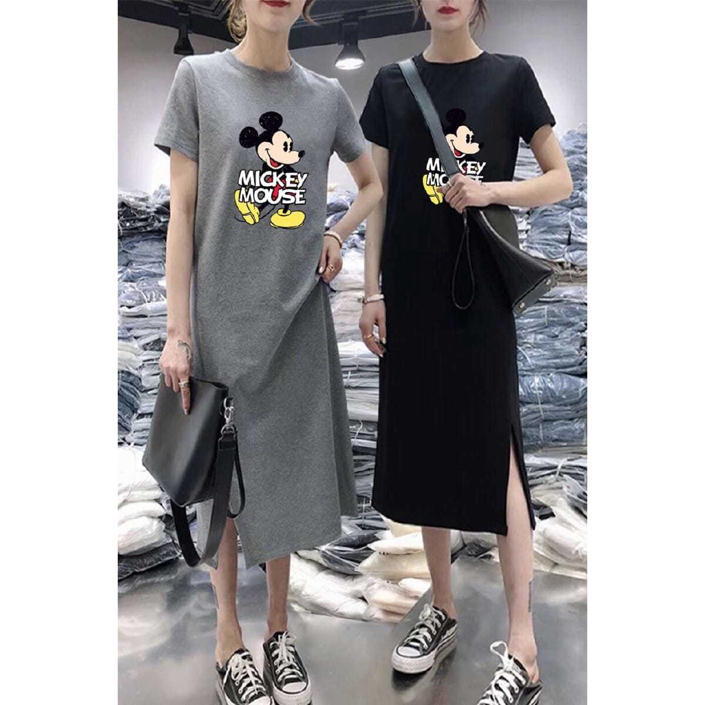 Đầm Thun Dáng Dài Xẻ Tà In Hình Chuột Mickey Thời Trang Hè 2020 Size M-3xl