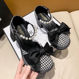 Giày lolita đính nơ kẻ caro tiểu thư hàn quốc đế cao