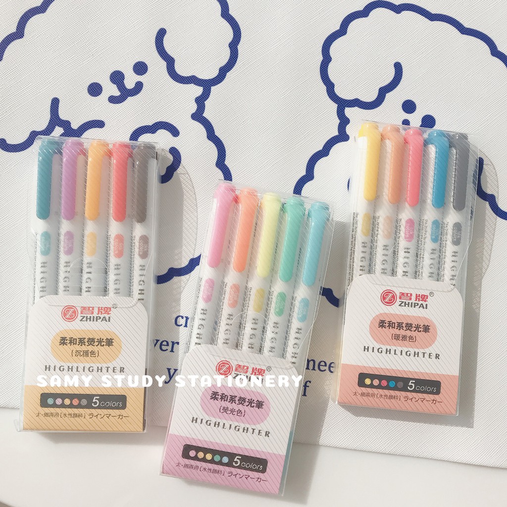 SET 5 CÂY BÚT HIGHLIGHT ĐÁNH DẤU 2 ĐẦU ZHIPAI DUPE ZEBRA MILDLINER TAKE NOTES BULLET JOURNAL