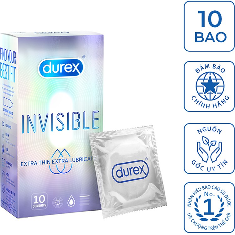 [CHE TÊN KÍN ĐÁO] Hộp 10 Bao Cao Su DUREX Siêu Mỏng INVISIBLE EXTRA THIN EXTRA LUBRICATED