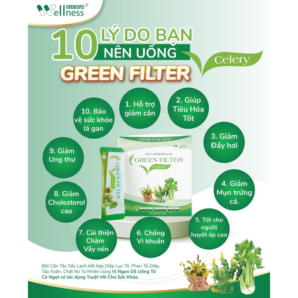 Bột cần tây sấy lạnh Organic GREEN FILTER giảm cân, giữ dáng, đẹp da, thanh lọc cơ thể, cân bằng nội tiết tố nữ