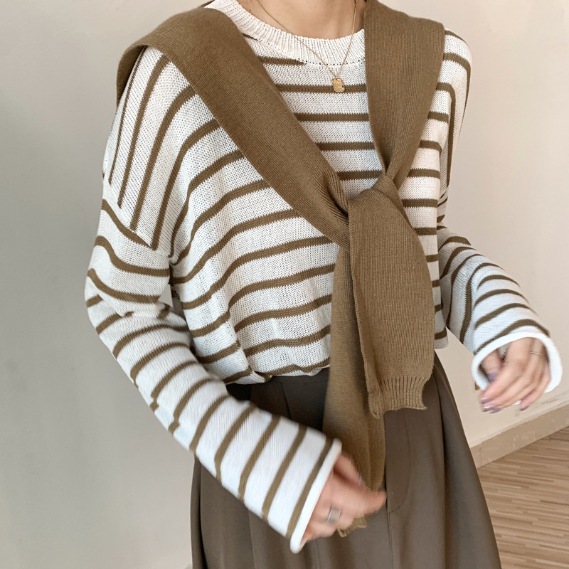 Set áo sweater SUXI dệt kim tay dài dáng rộng họa tiết kẻ sọc có khăn choàng cổ phong cách Hàn Quốc thời trang