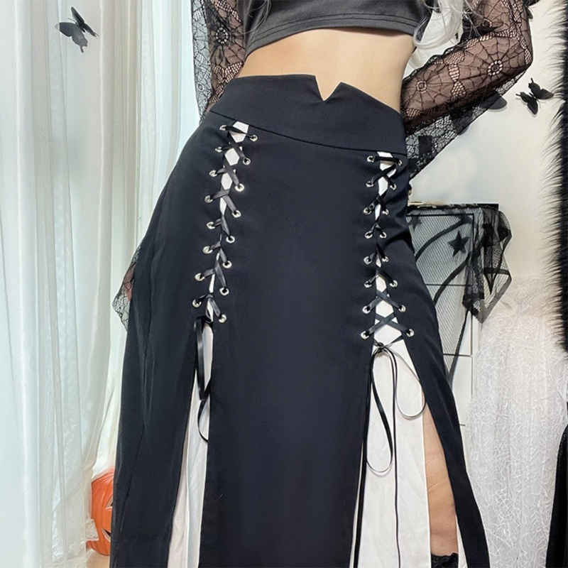 Chân Váy Midi Dài Dáng Chữ A Lưng Cao Xẻ Tà Cột Dây Phong Cách Harajuku Gợi Cảm Cho Nữ