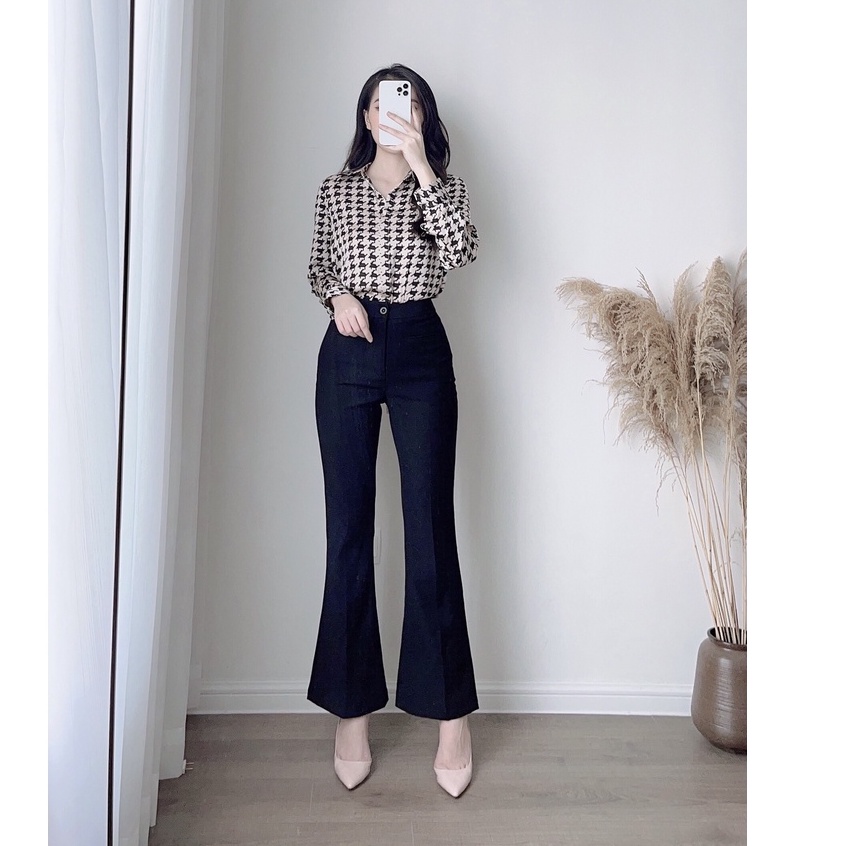 Quần Ống Loe Cạp Cao Đen Trơn Cao Cấp Phối 2 Túi Giả Zym's House - K34