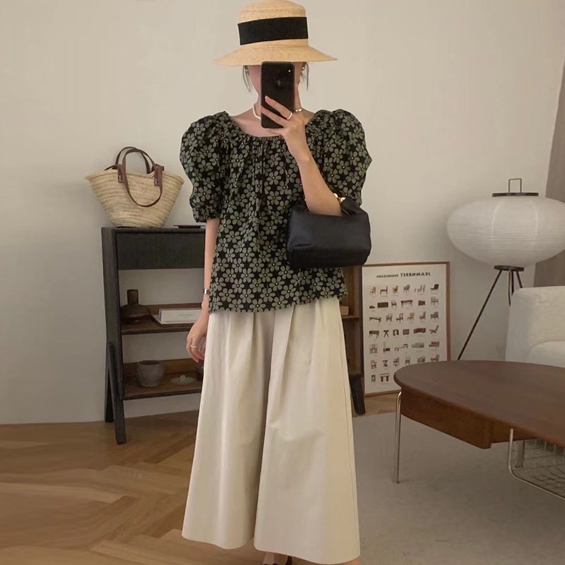 SUXI Áo Kiểu Tay Phồng Cổ Tròn Form Rộng Họa Tiết Hoa Phong Cách Vintage Hàn Quốc