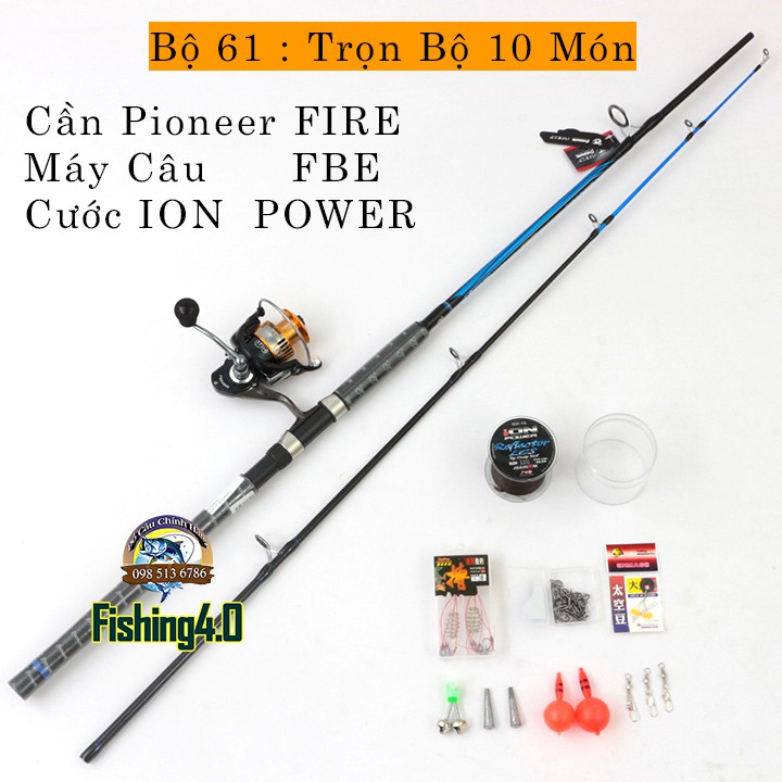 Bộ Cần Câu Máy 2 Khúc Pioneer Fire + Máy Full Kim Loại FBE + 8 Món Phụ Kiện Chuyên Câu Sông Hồ [ Bộ 61 ] [Fishing 4.0]