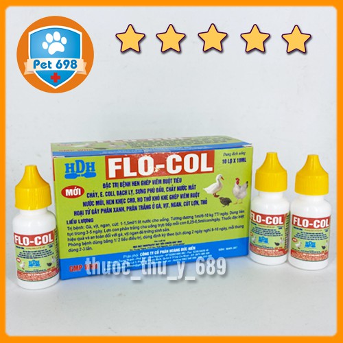 Hộp FLO-COL 10ml x 10 lọ Phòng bệnh đường tiêu hóa kết hợp hô hấp trên gà đá, chim cảnh, thỏ non PET-698