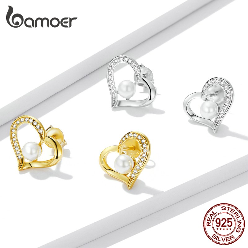 Đôi khuyên tai xỏ Bamoer Bse550-A chốt bạc 925 hình trái tim đính ngọc trai nhân tạo seri 4 làm quà tặng cho nữ