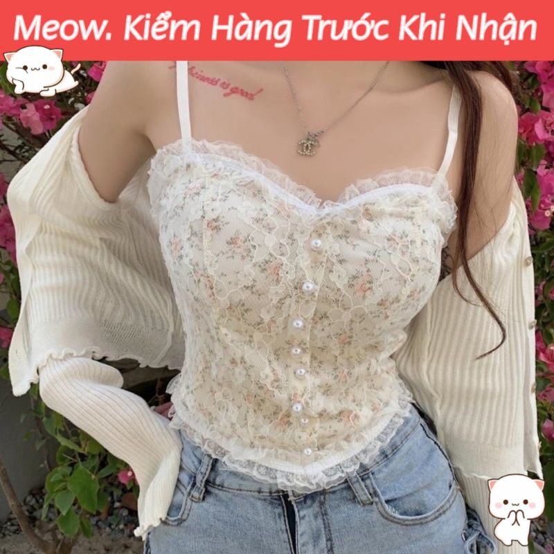 Áo Croptop 2 Dây Ren Hoa Nhí Đính Khuy Cúc Ngọc Kèm Mút Đệm Ngực Siêu Xinh