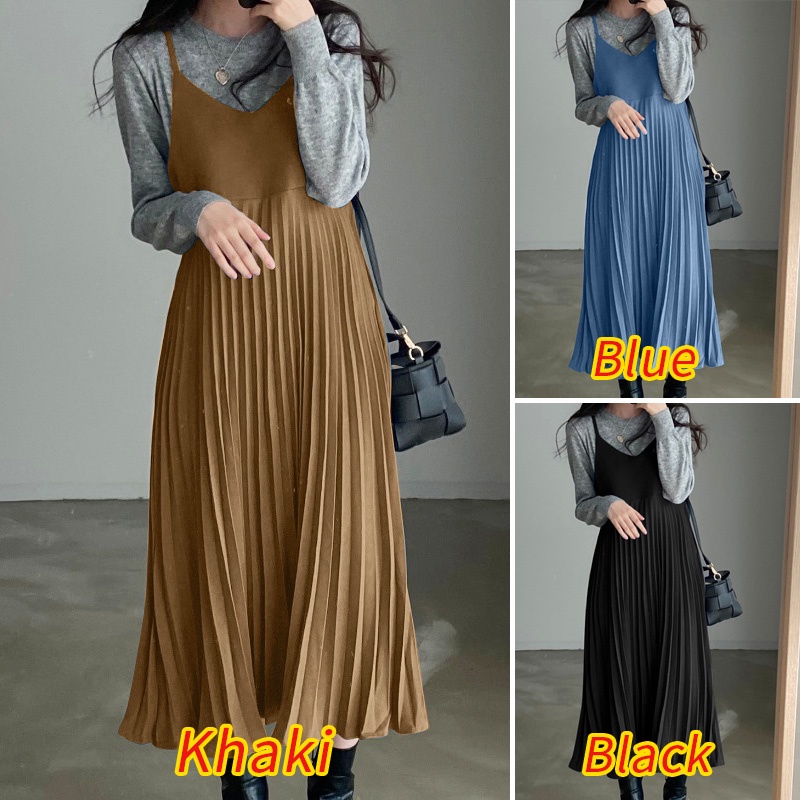 Đầm dài ZANZEA hai dây cổ chữ V kiểu xếp ly màu trơn nữ tính thanh lịch