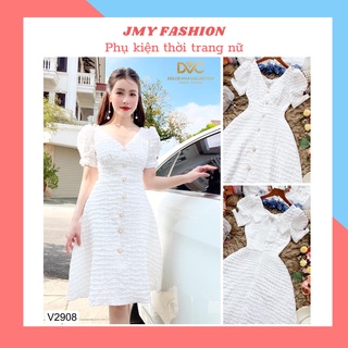 V2908 Váy đầm trắng gấm xốp cổ V xoè A nữ tính - DVC&ACC&Hà Thanh