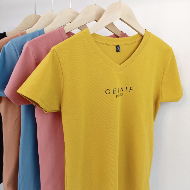 Áo thun cộc tay nữ cổ tim in 1 dòng chữ CELNIF chất cotton thái co giãn dáng ôm body AT17 - phamtrangredep shop