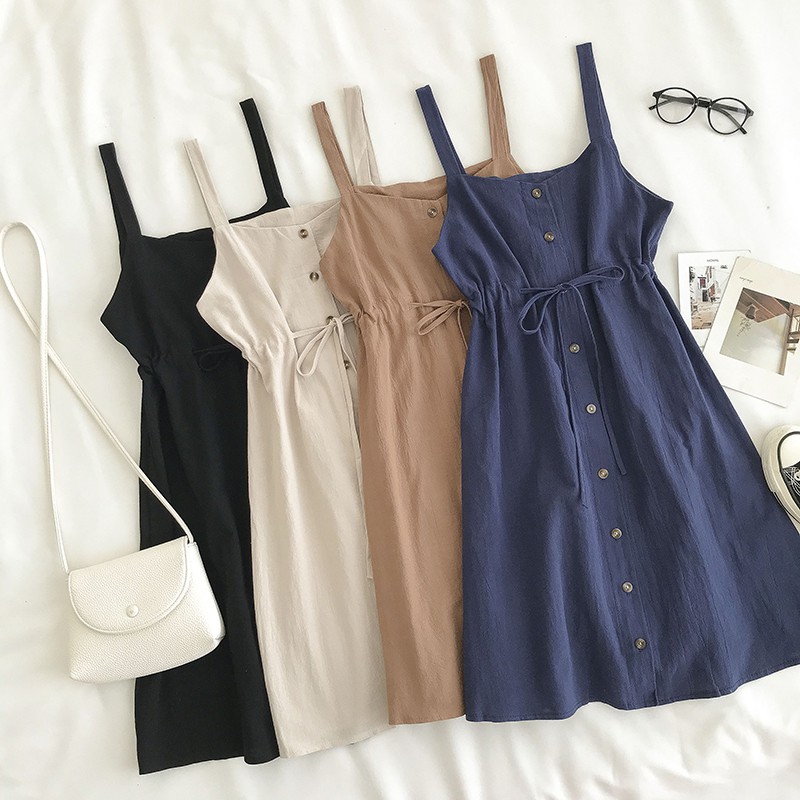 Váy hai dây vải lanh mát lạnh cho mùa hè - Váy hai dây có chun eo điều chỉnh phong cách Hàn Quốc nhẹ nhàng