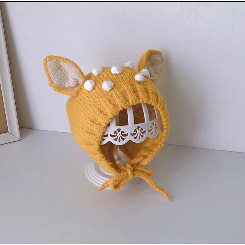 Mũ len hươu cho bé có dây buộc cực xinh 10-36 tháng