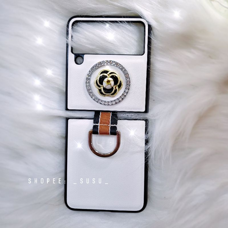 Ốp Samsung Z Flip 4 - Z Flip 3 - Z Flip3 - Flip4 5G vân da trắng charm dễ thương cute có khóa đeo tay