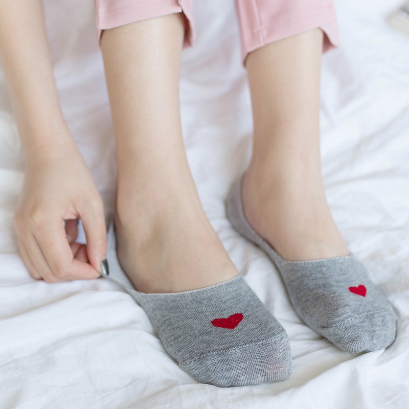 Vớ Lười Nữ Cute, Vớ Nữ mang giày lười họa tiết trái tim, Cotton dày dặn, có đệm cao su chống trượt gót