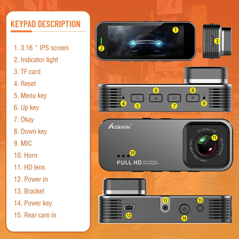 Camera Hành Trình Asawin 2k Ống Kính Kép Trước Và Sau 3.16 inch IPS Gương Chiếu Hậu Góc Rộng Bằng Kim Loại Bảo Vệ Ban Đêm Góc Rộng Cho Xe Hơi