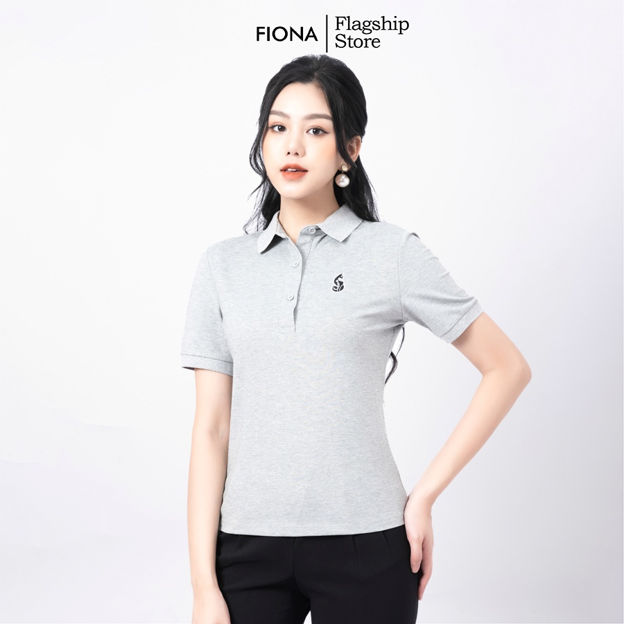 Áo thun nữ polo, phối bo cổ và tay thêu họa tiết mèo cách điệu màu đỏ, trắng, ghi - F521189 [FIONA]