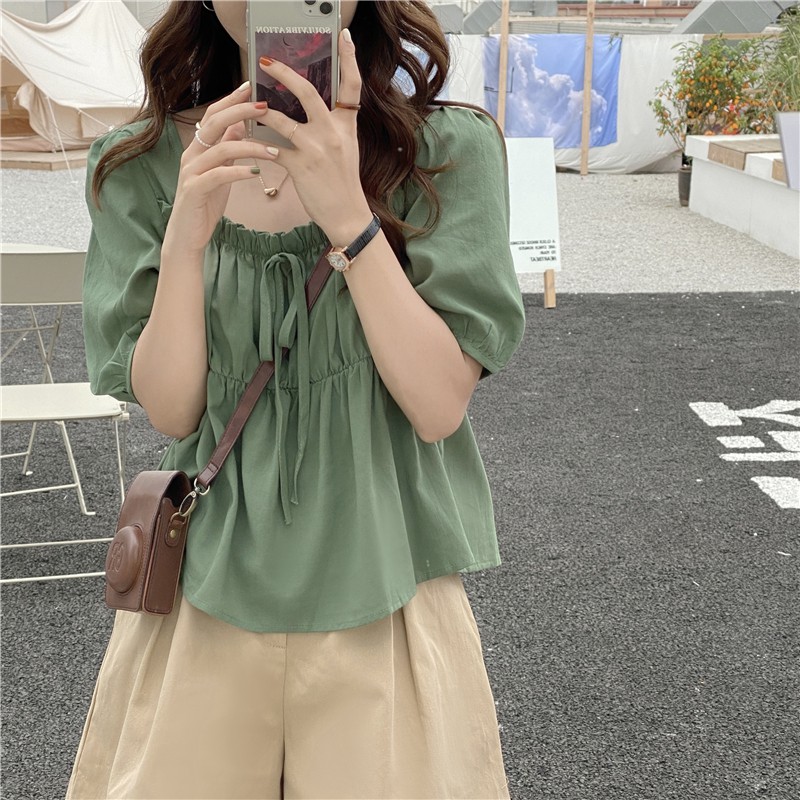 Áo kiểu nữ Thiết kế Retro Cổ vuông Tay bồng Lộ xương quai xanh Ulzzang Hàn Quốc Áo nữ kiểu Bánh bèo Búp bê Ngọt ngào | BigBuy360 - bigbuy360.vn