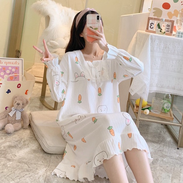 Đầm ngủ cổ vuông dáng rộng tay dài đính nơ phong cách công chúa ngọt ngào xinh xắn đáng yêu dành cho nữ
