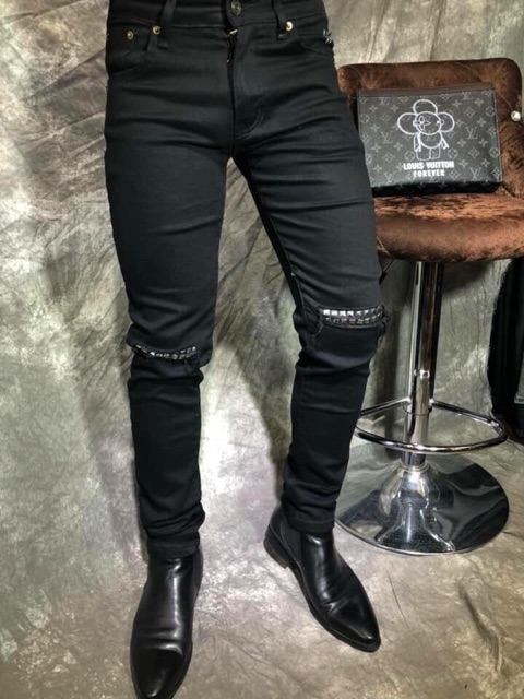 Quần jean nam skinny rách gối đính đinh