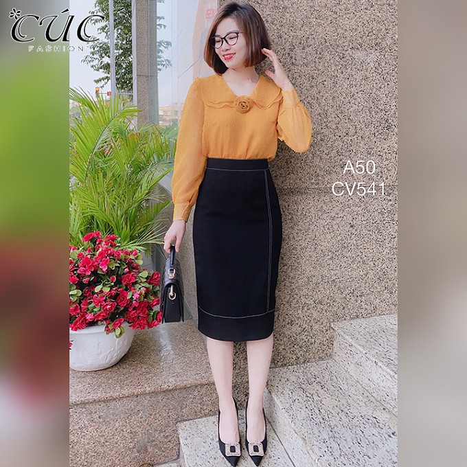 Chân váy đầm bút chì công sở cao cấp dáng dài Cúc Fashion CV541 cv bút chì viền chỉ