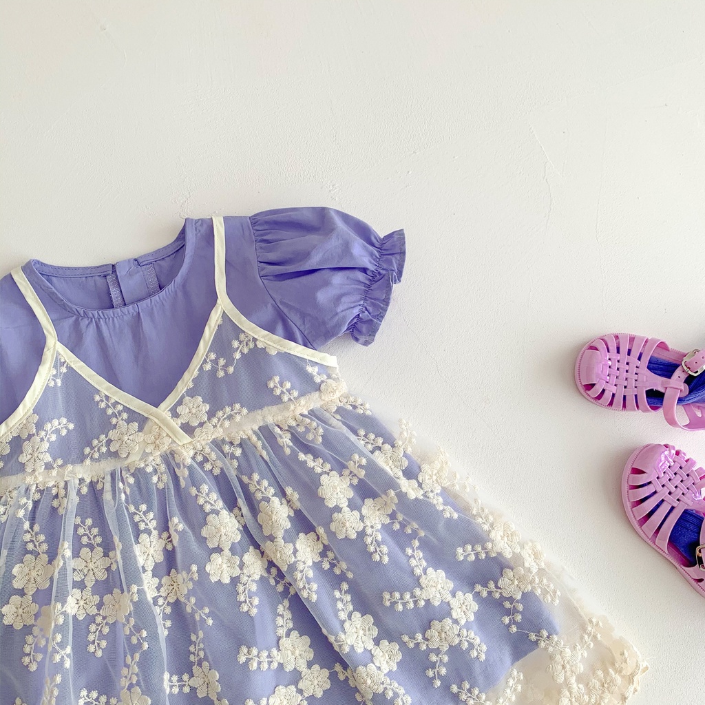 Bộ Đầm 2 Món Tay Ngắn Phối Lưới Thiết Kế Dễ Thương Cho Bé Gái Từ 1-5 Tuổi