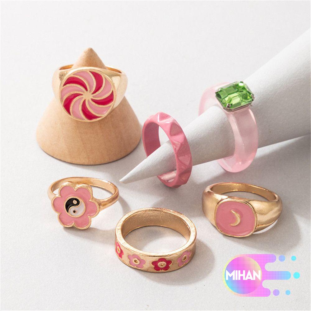 Bộ 6 Nhẫn Acrylic Nhiều Hình Dạng Màu Hồng Thời Trang Nữ Vintage Mihan1