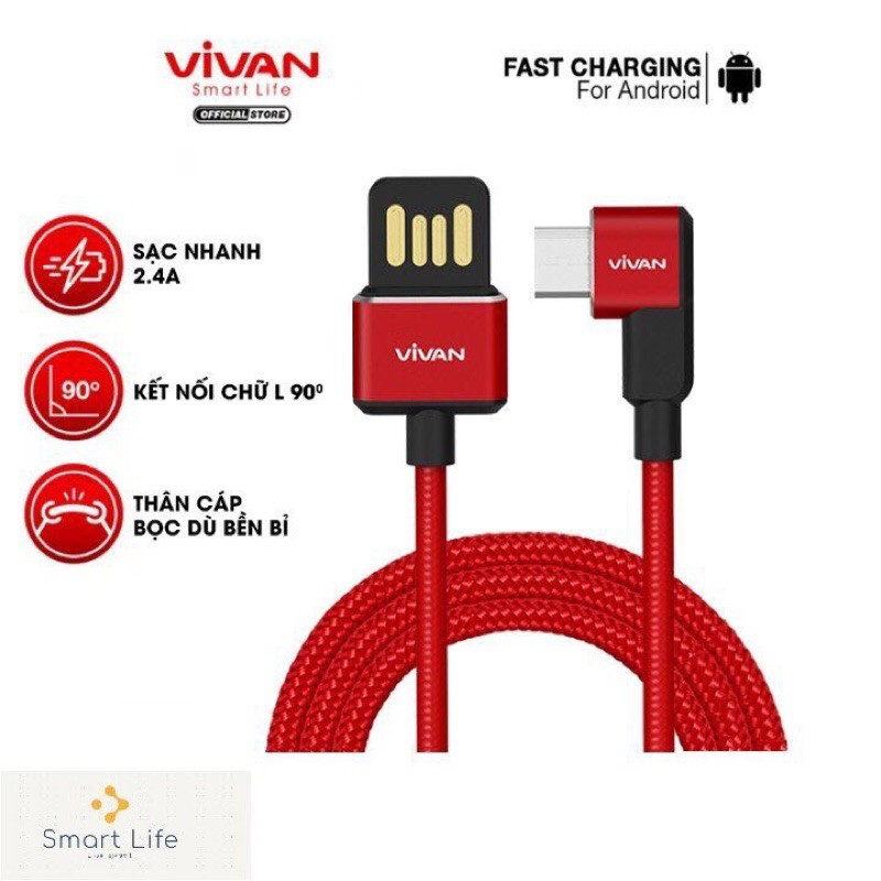Cáp Sạc Micro Gaming VIVAN BWM100 Bọc Dù 1m, Cổng Kết Nối Chữ L 90 Độ - BẢO HÀNH 1 ĐỔI 1