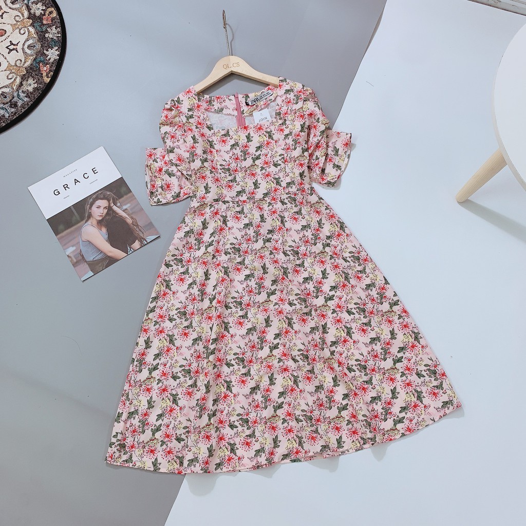 VN73 - VÁY HOA HỒNG CỔ VUÔNG TAY CHUN NỮ | BigBuy360 - bigbuy360.vn