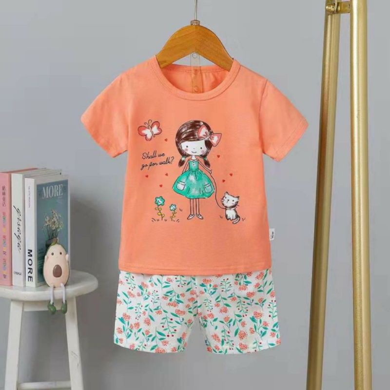 Bộ quần áo trẻ em - Bộ cotton cộc tay xuất Hàn cho bé gái