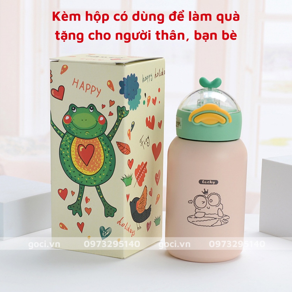 Bình đựng nước giữ nhiệt có ống hút mát mùa hè chất liệu inox an toàn cho trẻ em cute 420ml nóng lạnh hình vịt dễ thương