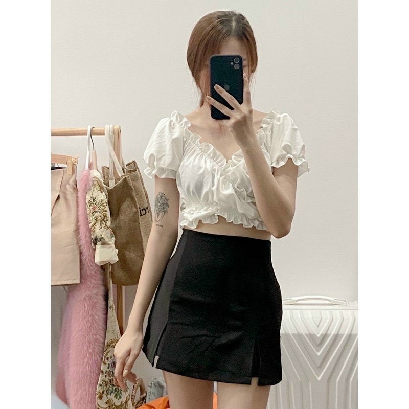 Áo Croptop Von Mẫu Siêu Hot Cổ Chữ V Ngắn Tay Kèm Dây Cột Đằng Trước Xinh Xắn TTSLA0684