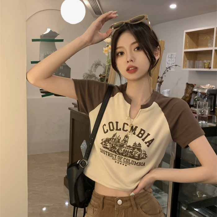 Porozi  Áo thun  tay ngắn cổ chữ V in họa tiết phong cách retro Hàn Quốc thời trang cho nữ 3 màu tùy chọn