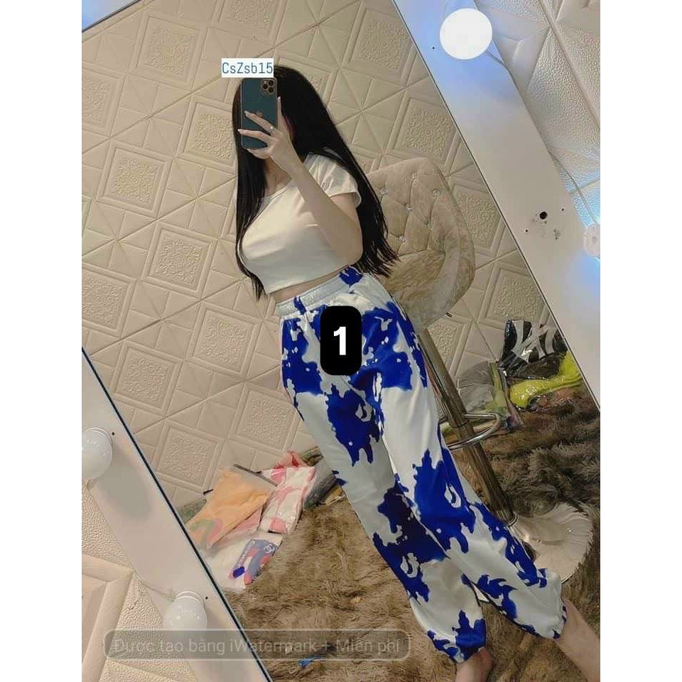 Sét bộ áo croptop cổ tròn trơn phối quần dày bo ống màu loang cực xinh , chất thun bozip dày dặn ( ảnh thật )