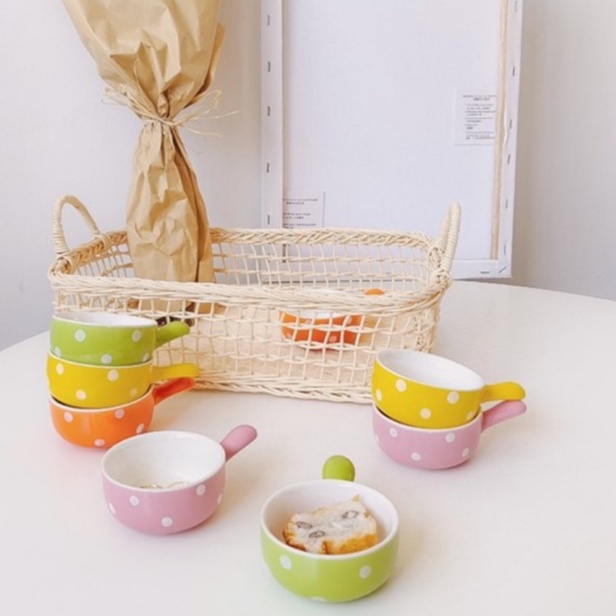 Bát Ăn Dặm, Bát Sứ Ăn Dặm Hình Chảo Chấm Bi Dễ Thương Chất Liệu Cao Cấp Chịu Nhiệt