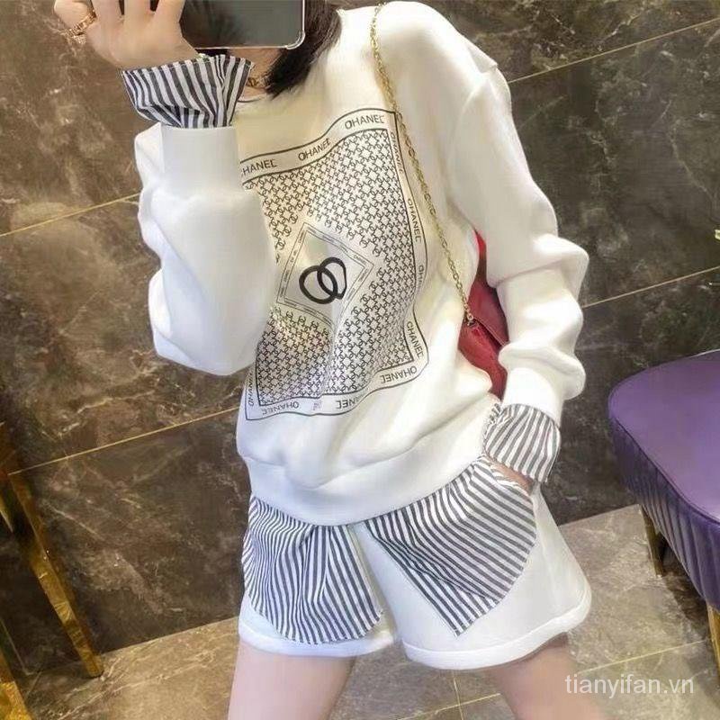 Set áo nỉ dài tay cổ tròn + quần short in họa tiết mới cho nữ